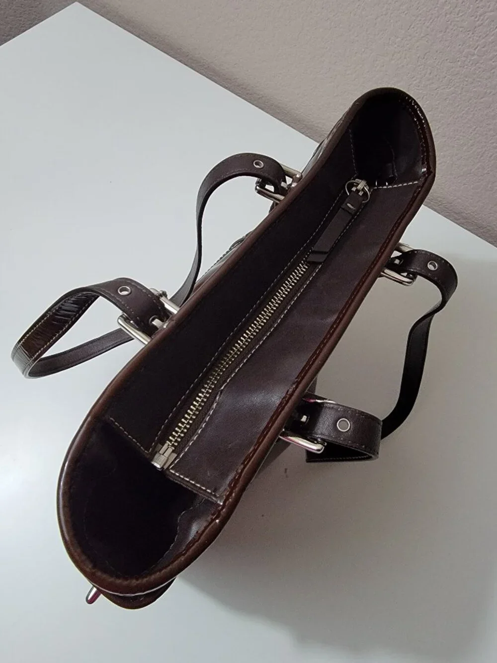 Coach Hamptons Patent Leather Lunch Tote Mahogany Brown Silver Hardware F11519